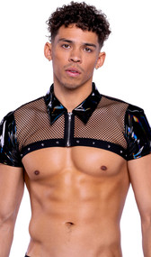 Vinyl crop top features sheer fishnet panels, studded detail, collar, short sleeves and front zipper closure.
