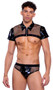 Vinyl crop top features sheer fishnet panels, studded detail, collar, short sleeves and front zipper closure.