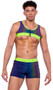 Reflective multicolor crop top features contrast trim, studded elastic strap, and front zipper closure. Please note the item changes colors in different lighting as shown in photos.