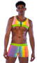 Reflective multicolor crop top features contrast trim, studded elastic strap, and front zipper closure. Please note the item changes colors in different lighting as shown in photos.