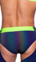 Reflective multicolor briefs. Please note the item changes colors in different lighting as shown in photos.