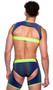 Reflective multicolor short chaps feature contrast trim, elastic waistband and studded front detail. Please note the item changes colors in different lighting as shown in photos.