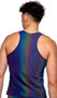 Reflective multicolor tank top features wide straps with snap hook closure and racer back. Please note the item changes colors in different lighting as shown in photos.