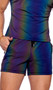 Reflective multicolor shorts feature zipper pockets and drawstring closure. Please note the item changes colors in different lighting as shown in photos.