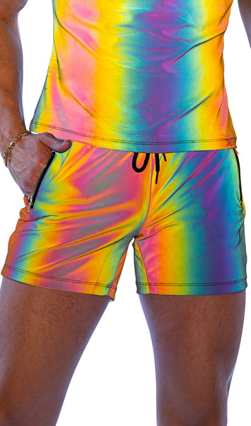 Reflective multicolor shorts feature zipper pockets and drawstring closure. Please note the item changes colors in different lighting as shown in photos.