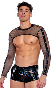 Sheer fishnet shrug features long sleeves with studded vinyl detail. Unisex.