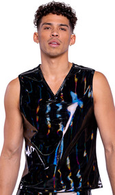 Iridescent print vinyl tank top features V neckline and wide straps with zipper detail.