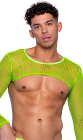 Sheer fishnet cropped top features long sleeves and crew neck.