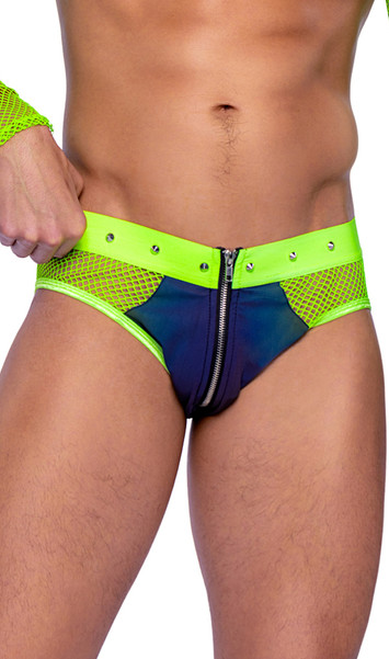 Reflective multicolor and fishnet briefs feature elastic waistband with studded front detail, sheer back and front zipper closure. Please note the dark part of the item changes colors in different lighting.