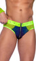 Reflective multicolor and fishnet briefs feature elastic waistband with studded front detail, sheer back and front zipper closure. Please note the dark part of the item changes colors in different lighting.