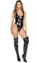Latex romper features scoop neckline, wide shoulder straps, high cut on the leg, thong cut back, and front zipper closure.