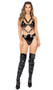 Latex harness romper features strappy top with O ring accents, halter neck with tie back, double swan hook back closures, high cut on the leg and thong cut cheeky back.