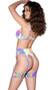 Bikini style low rise shorts feature reflective multicolor fabric, O ring accents and thong cut back.