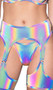 Bikini style low rise shorts feature reflective multicolor fabric, O ring accents and thong cut back.
