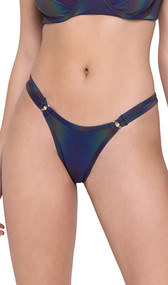 Bikini style low rise shorts feature reflective multicolor fabric, O ring accents and thong cut back.