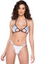 Metallic ring hologram bikini style crop top features cut out triangle cups, O ring accent, contrasting trim, halter neck and tie back closures.