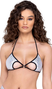 Metallic ring hologram bikini style crop top features cut out triangle cups, O ring accent, contrasting trim, halter neck and tie back closures.