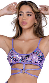 Sequin crop top features scoop neckline, spaghetti straps, shimmer trim, strappy front detail with O ring center, and hook back closure.