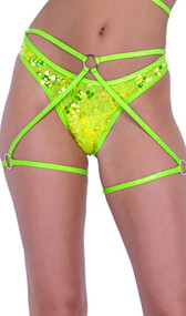 Sequin bikini style shorts with attached strappy front detail, O ring accents, shimmer trim and leg straps.