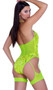 Sequin romper features plunging front keyhole, shimmer trim, halter neck, mesh back, cheeky cut back, and attached mesh leg garters.