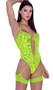 Sequin romper features plunging front keyhole, shimmer trim, halter neck, mesh back, cheeky cut back, and attached mesh leg garters.
