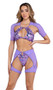 Sequin crop top features large keyhole front, shimmer trim, mesh back and attached sheer mesh short sleeves for a faux shrug look.