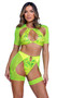 Sequin crop top features large keyhole front, shimmer trim, mesh back and attached sheer mesh short sleeves for a faux shrug look.