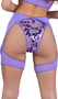 Sequin bikini shorts feature a keyhole front, high cut leg, cheeky cut back, and attached sheer mesh chaps.