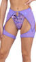 Sequin bikini shorts feature a keyhole front, high cut leg, cheeky cut back, and attached sheer mesh chaps.