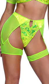 Sequin bikini shorts feature a keyhole front, high cut leg, cheeky cut back, and attached sheer mesh chaps.