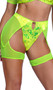 Sequin bikini shorts feature a keyhole front, high cut leg, cheeky cut back, and attached sheer mesh chaps.