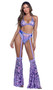 Sequin bikini style top features shimmer trim, triangle cups with O ring accents, halter neck with tie back, and swan hook back closure.