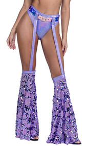 Iridescent vinyl belt features grommets and adjustable buckle closure. Shimmer straps loop around belt and are attached to sequin bell bottoms. Two piece set.