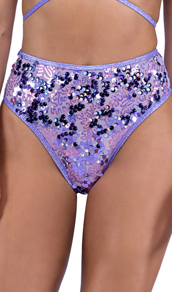 High waisted sequin shorts features shimmer trim and cheeky cut back.