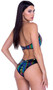 Rainbow print vinyl crop top features keyhole front cut out with O ring accents, halter neck and swan hook back closure.
