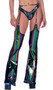 Rainbow print vinyl chaps feature O ring accent, sheer fishnet back and back clasp closure.