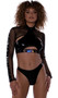 Vinyl sleeveless crop top features high collar halter neck with studded detail, sexy underboob cut out, elastic band with studded detail and reflective LOVE strap with D ring accents.