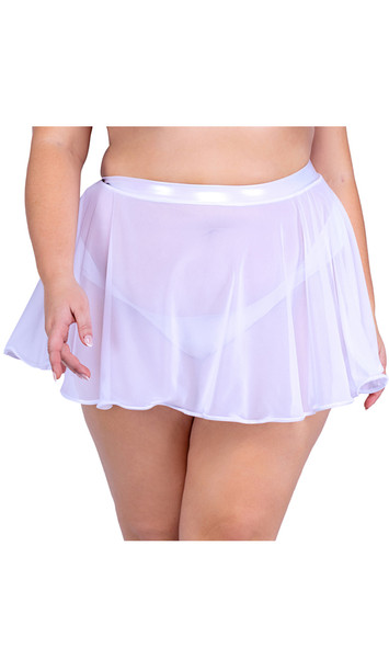 Sheer mesh mini skirt with iridescent waist band and trim. Pull on style.