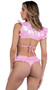 Metallic iridescent bikini style top features adjustable triangle cups, halter neck and tie back.