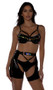 Vinyl bra features underwire cups with adjustable strappy accents, clear cut out rainbow light up strips, adjustable shoulder straps, O ring accents, and cage style back with hook and eye closure. Matching strappy vinyl bikini bottoms also included. Two piece set.