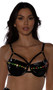 Vinyl bra features underwire cups with adjustable strappy accents, clear cut out rainbow light up strips, adjustable shoulder straps, O ring accents, and cage style back with hook and eye closure. Matching strappy vinyl bikini bottoms also included. Two piece set.