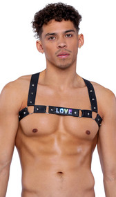 Faux leather studded harness features light up LOVE strap and O ring accents.