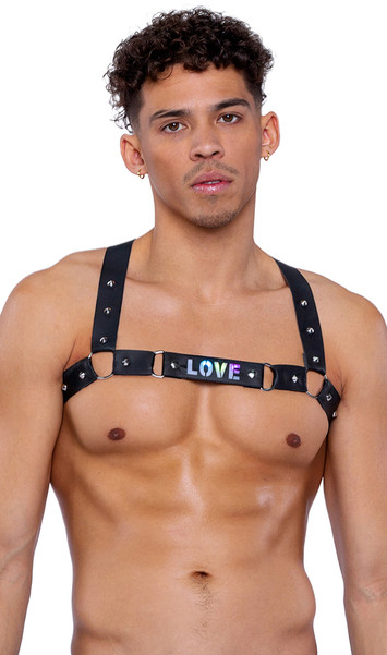 Faux leather studded harness features light up LOVE strap and O ring accents.