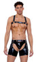 Faux leather studded harness features light up LOVE strap and O ring accents.