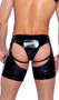 Vinyl short chaps feature light up LOVE strap with D ring accents and pocket pouches with snap closure.