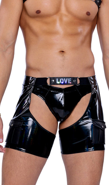 Vinyl short chaps feature light up LOVE strap with D ring accents and pocket pouches with snap closure.