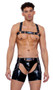 Vinyl short chaps feature light up LOVE strap with D ring accents and pocket pouches with snap closure.