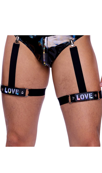 Clip on leg garters feature light up LOVE straps with D Ring accents and snap closure. Pair. Clip on to your favorite pair of shorts or romper.