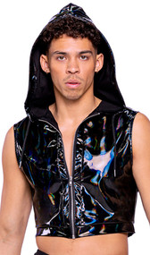 Sleeveless vinyl cropped jacket features iridescent print, hood and front zipper closure.