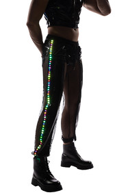Vinyl and fishnet joggers feature light up strips down each leg, elastic waist and drawstring closure.